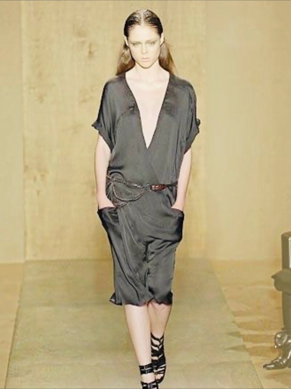 Donna Karan Collection Runway Midnight silk pocket dress with belt and slip